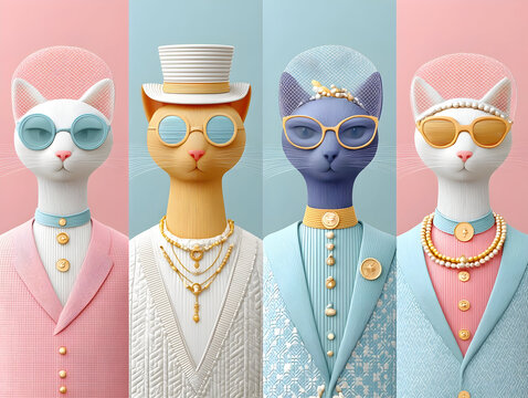 Cats celebrating wedding moment, one sporting bridal veil, other dressed in tuxedo, there are guests nearby, depicting playful feline matrimonial scene