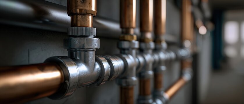 Modern industrial plumbing system with shiny copper pipes and silver fittings, showcasing intricate connections and utility infrastructure indoors
