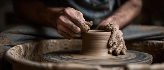 Adult man shaping clay on pottery wheel with dirty hands in workshop Concept of craftsmanship, art, and traditional pottery
