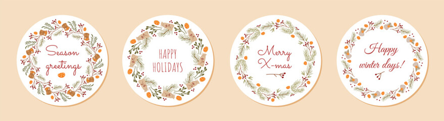 Naklejka premium Flat xmas wreath pack with red berry in circle set. Christmas pack with kraft box and pine, fir, branch. Holiday decor and graphic ornament, perfect for gift or present box.