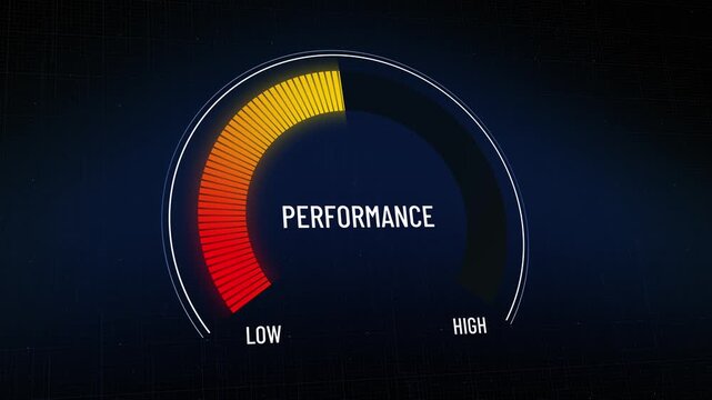 Monitoring system performance indicator rising quickly from critical red failure threshold to optimal green achievement zone, success rate dashboard display, maximum efficiency, copy space