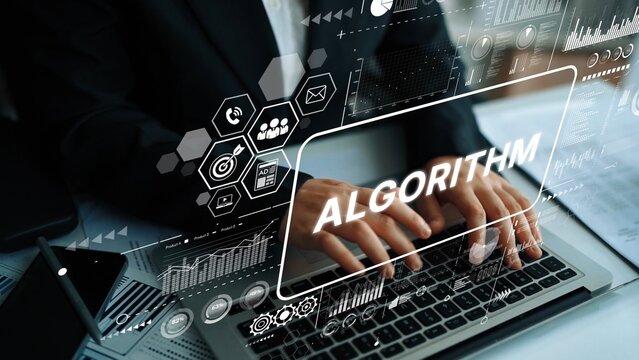 Modern Businessman Using Laptop with Algorithm Concept in Digital Data Environment. Asymptotic smart data analytic.