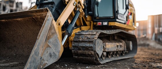 Heavy yellow excavator with tracks and bucket on construction site at sunset Concept of industrial machinery, earthmoving, and infrastructure