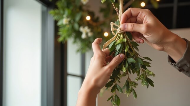 Hands gently placing a festive ribbon on mistletoe above an office doorway, minimalistic style, warm glowing lights in the background, concept of holiday decoration, event planning