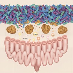 Molecular illustration of the gut microbiome producing Short-Chain Fatty Acids (SCFAs) (Acetate, Propionate, Butyrate) through fiber fermentation. Essential colon health diagram.