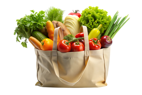 Shopping bag, Reusable filled with fresh vegetables and fruits, cutout, PNG, isolated on transparent background, AI