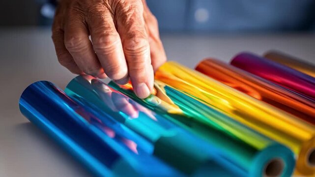 Closeup of a person examining glossy paper samples highlighting their reflective finish and vibrant color potential for highimpact print projects.