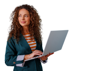 Professional businesswoman with curly hair holding laptop, working and using digital technology, looking away, transparent background