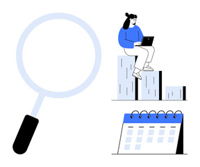 Fototapeta na wymiar Magnifying glass, seated woman with laptop on bar chart, and calendar suggest research, planning, and goal tracking. Ideal for business, analytics, productivity, workflow time management success