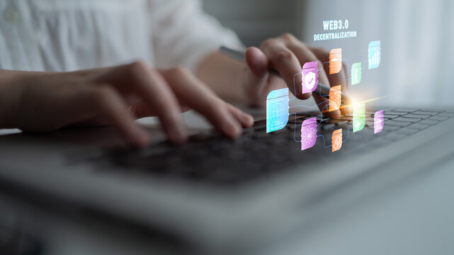 The Web 3.0 decentralization technology ecosystem. A flowchart of interconnected concepts like AI, blockchain, security, and decentralized finance. Motif - Powered by Adobe