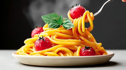 Plate of spaghetti with red tomatoes on top. The plate is white and the spaghetti is yellow