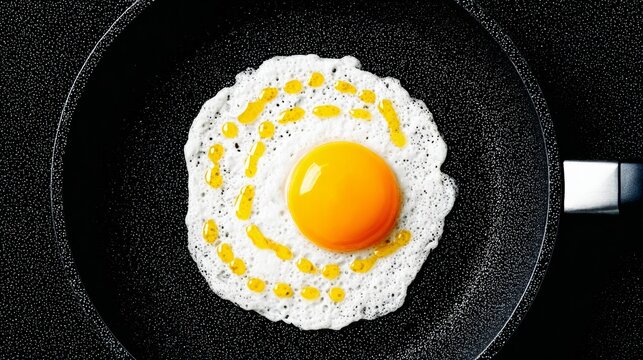 Fried egg with a yellow yolk sits in a pan. The egg is surrounded by a yellow sauce, which gives it a golden hue. Concept of warmth and comfort