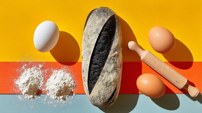 Close up of a loaf of bread, a bowl of flour, and a bowl of eggs. The bread is black and the eggs are white. Concept of warmth and comfort