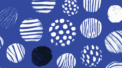 Abstrakcyjny wz&oacute;r k&oacute;ł z teksturami pask&oacute;w i kropek na granatowym tle, nowoczesna grafika wektorowa.