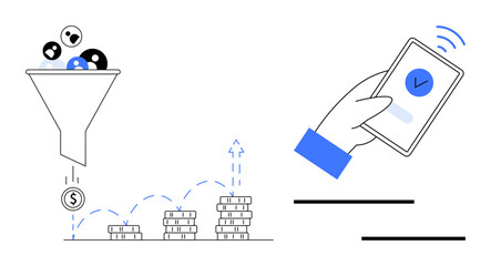 Lead funnel pouring into coins, bar graph showing profit growth, hand holding a phone for payment. Ideal for marketing, sales, growth, finance, e-commerce strategy digital tools. Simple flat