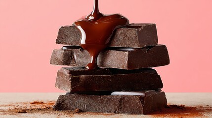 Stack of chocolate bars with chocolate dripping from them. Concept of indulgence and pleasure, as the chocolate is a popular treat that many people enjoy. The image may also evoke feelings of warmth