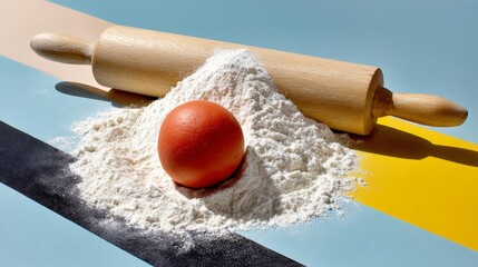 Wooden rolling pin sits on top of a mound of flour and an egg. The scene is simple and unpretentious, with the focus on the basic ingredients of a classic baked good