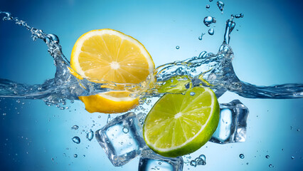 Fresh lemon and lime splashing into blue water with ice cubes, high speed photography, refreshing citrus fruit background, summer drink concept, cold detox.
