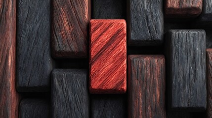 Red wooden block distinguishing itself from a group of dark charred and burnt wood blocks, creating a visual concept of individuality, uniqueness, and leadership on a textured background