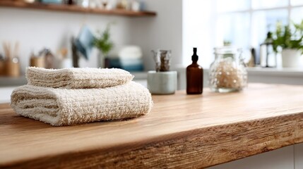 Stacked natural beige towels on a rustic wooden bathroom countertop, evoking clean, cozy spa and wellness vibes for home, hotel or minimalist self care and skincare routines