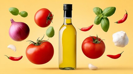 Bottle of olive oil is surrounded by a variety of vegetables, including tomatoes, onions, and garlic. Concept of abundance and freshness, as well as the idea of healthy eating