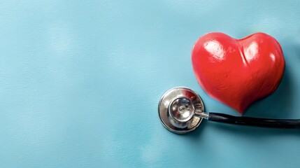 Red heart shape and a stethoscope resting together on a textured blue background, representing concepts of cardiology, heart health, medical care, and general wellbeing