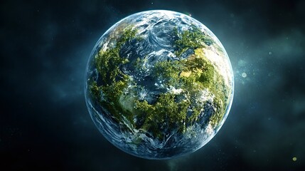 Planet earth, lush with green trees and blue oceans, floating in the dark expanse of space, symbolizing environmental conservation, sustainability, and renewable energy concepts