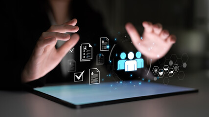 Concept of human resources and workforce strategy. Focusing on talent management, recruitment, and...