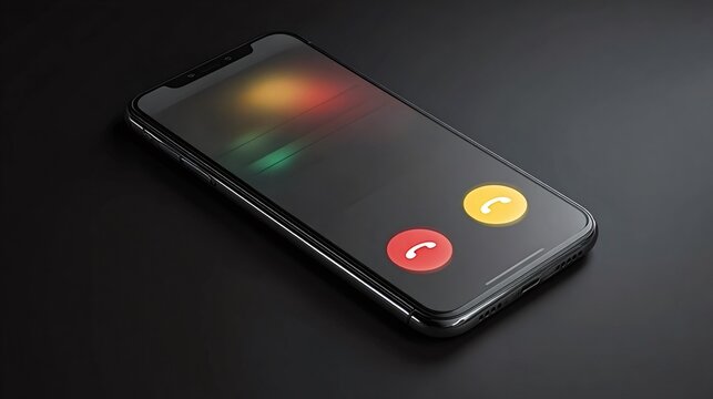 Modern smartphone displaying an incoming call notification on a dark background, showing red decline and yellow accept buttons, representing communication and decision making technology