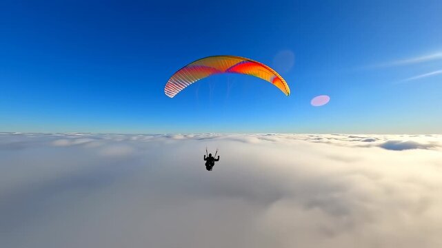 A paraglider soars above a sea of clouds, against a clear blue sky, bathed in sunlight