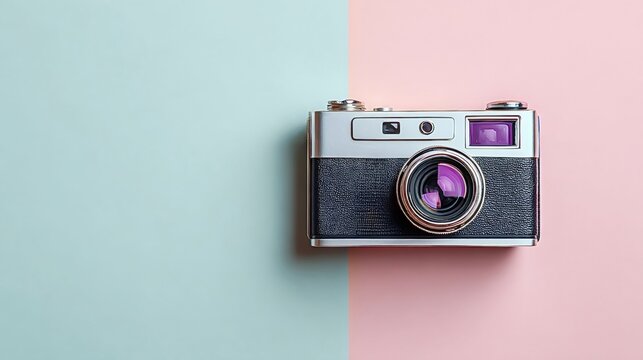Retro styled camera displaying analogue hobby equipment on a split pastel pink and blue background, evoking design, creativity, and simple flat lay memories
