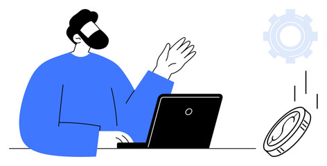 Bearded man gesturing while working on laptop, coin flipping midair, gear imagery in background. Ideal for cryptocurrency, fintech, innovation, technology, remote work, economy digital future
