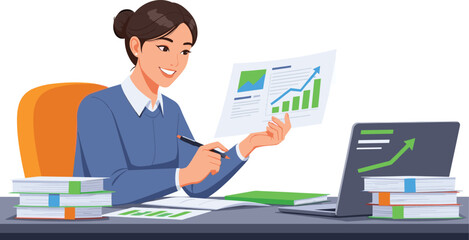 business,analytics,woman,chart,data,graph,office,success,report,finance,smile,professional,laptop,trend,growth,desk,documents,analysis,corporate,workspace