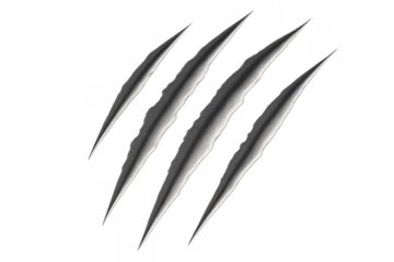 Animal claw marks scratching and tearing material, a strong realistic monster or beast attack effect with transparent background