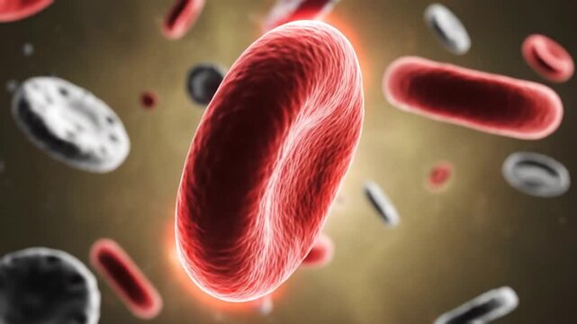 Medical illustration of human blood cells including red blood cells and other cell structures