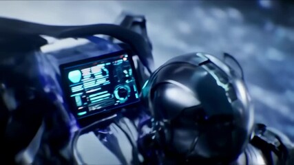 A futuristic figure monitors a holographic display near a blue, amorphous structure, within a smoky atmosphere