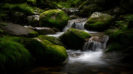 Water flowing down over large moss-covered rocks in a forest stream