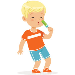 Blond Haired Young Boy in Orange T Shirt and Blue Shorts Enjoying A Green Popsicle On A Transparent Background With Subtle Shadows
