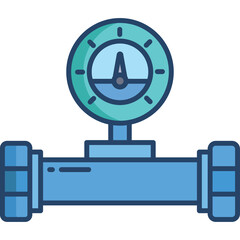 Blue industrial pipe gauge with teal dial and needle displaying measurement against a white background