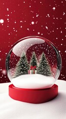 Christmas glass snow globe empty stands on the snow with fir trees. Red background with realistic 3d transparent snow ball. Xmas platform podium. Holiday banner and poster.