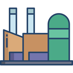 Cartoon Industrial Factory Building With Tall Chimneys And Storage Silo Featuring Blue Orange And Green Colors On A Transparent Background