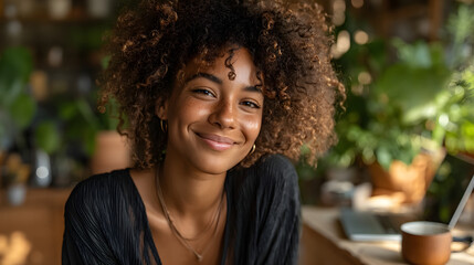 Happy black woman smiling with curly hair and freckles
