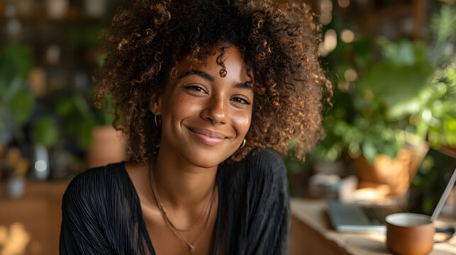 Happy black woman smiling with curly hair and freckles
