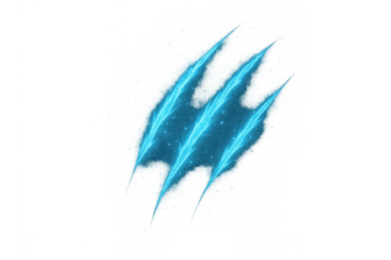 Blue electric claw marks creating a tear or rip effect with magical energy and sparkling particles on a transparent background