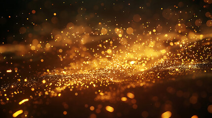 Golden particles and bokeh lights flowing in dark abstract background bright celebration