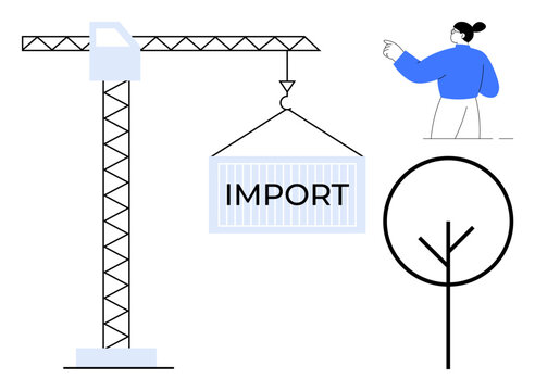 Crane hoisting import container, human observer pointing, simple tree line art. Ideal for trade, logistics, international business, growth, development construction and minimalism. Flat simple