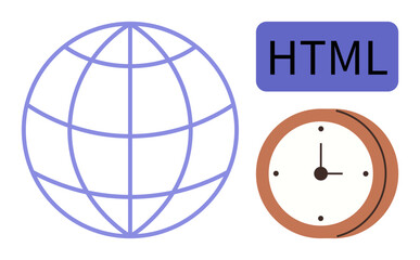 Globe highlighting global networks, digital HTML element for web coding, and clock symbolizing time. Ideal for web development, internet accessibility, coding, technology, digital transformation