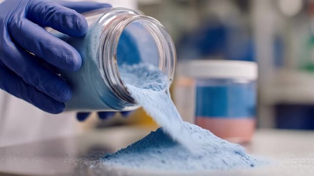 Medium shot of a technician carefully pouring colored resin into a mixing container for customized texture and strength adjustments