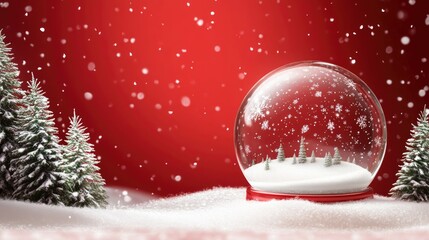 Christmas glass snow globe empty stands on the snow with fir trees. Red background with realistic 3d transparent snow ball. Xmas platform podium. Holiday banner and poster.