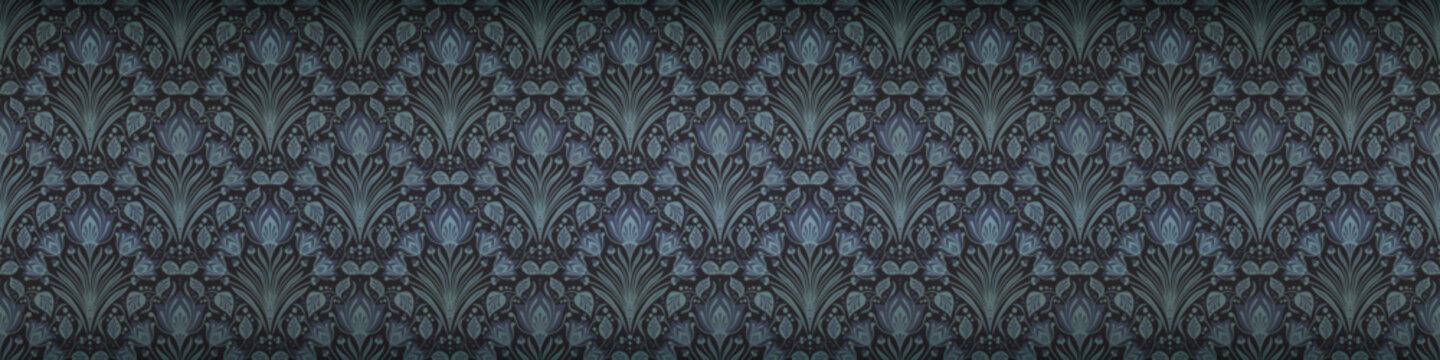 Vintage Damask Brocade Vector Seamless Pattern, Fantasy Italian Renaissance Textile Design, Ancient Art Nouveau Wallpaper Background, Retro Intricate Foliage Rich Cultural Heritage, Panoramic Backdrop